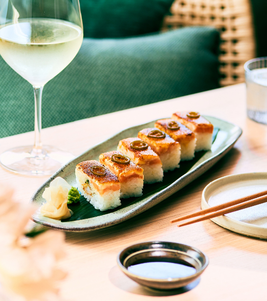Salmon and Prawn Aburi Oshi Slider